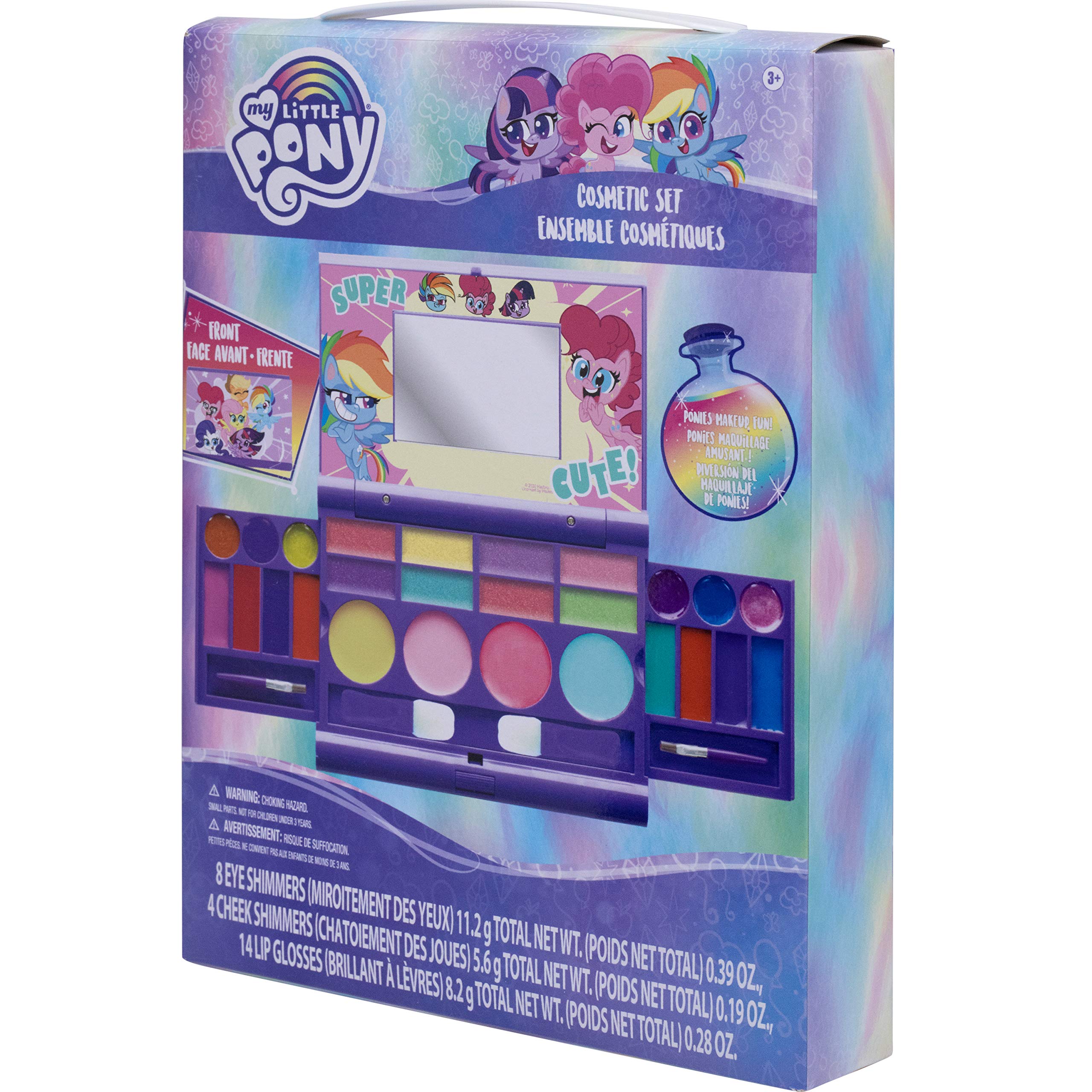 Townley Girl My Little Pony Hasbro Cosmetic Compact Set with Mirror 14 Lip glosses, 4 Cheek Shimmers, 8 Eye Shimmer Portable Foldable Washable Make Up Beauty Kit Box Toy Set for Girls & Kids
