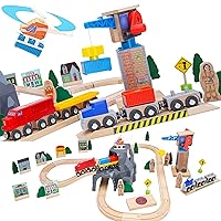 Lift and Load Wooden Train Set with Magnetic Crane, Magnetic Helicopter, Large Diesel Engine, Semi-Truck, Shipping Container Flat Car Compatible with Thomas, Brio, Chuggington, Melissa & Doug