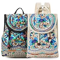 Goodhan Vintage Embroidered Backpack Purse for Women Travel Handbag Shoulder Bag Blue Flowers 3D