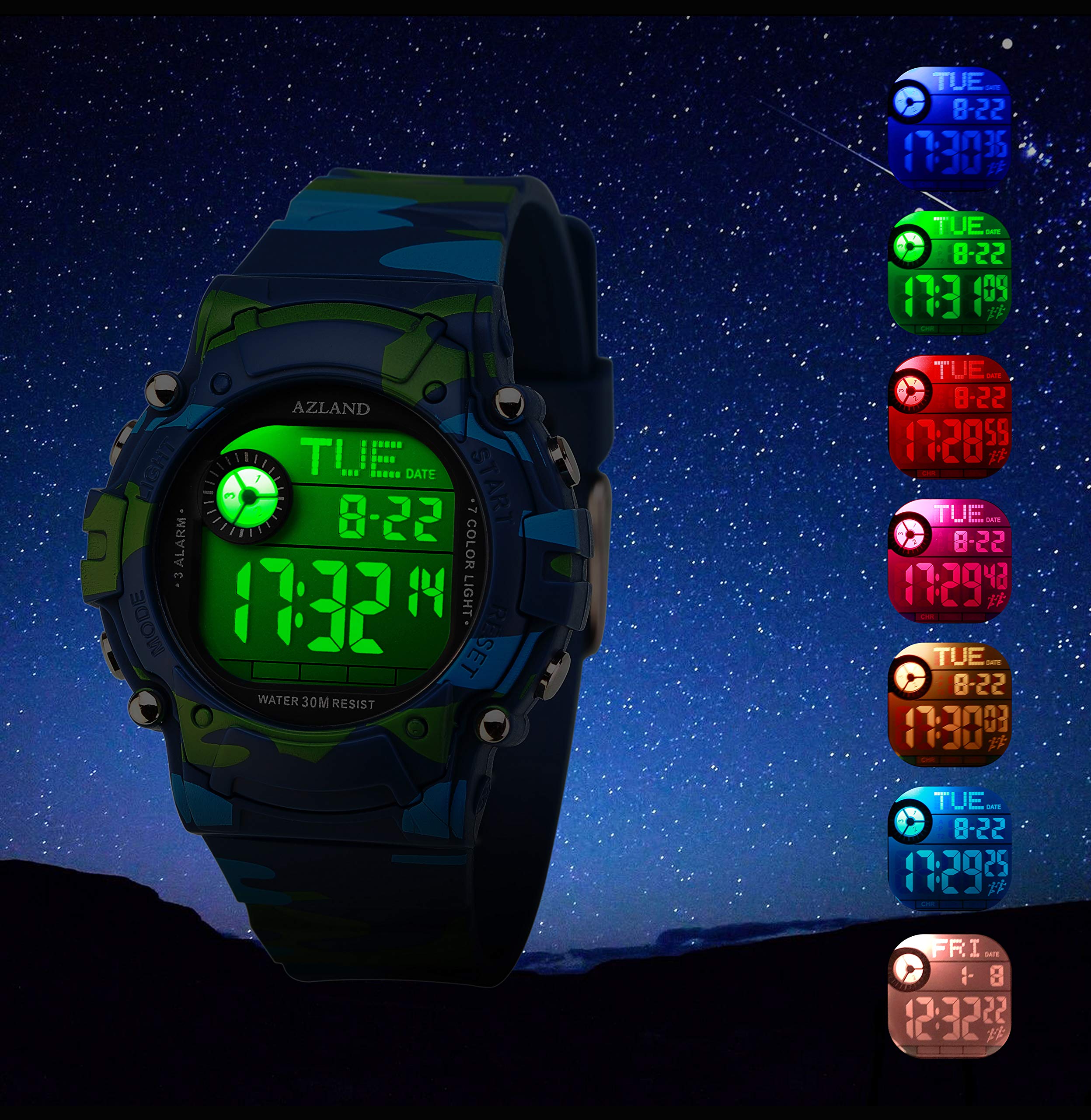 AZLAND 3 Multiple Alarms Reminder Sports Kids Wristwatch Waterproof Boys Girls Digital Watches