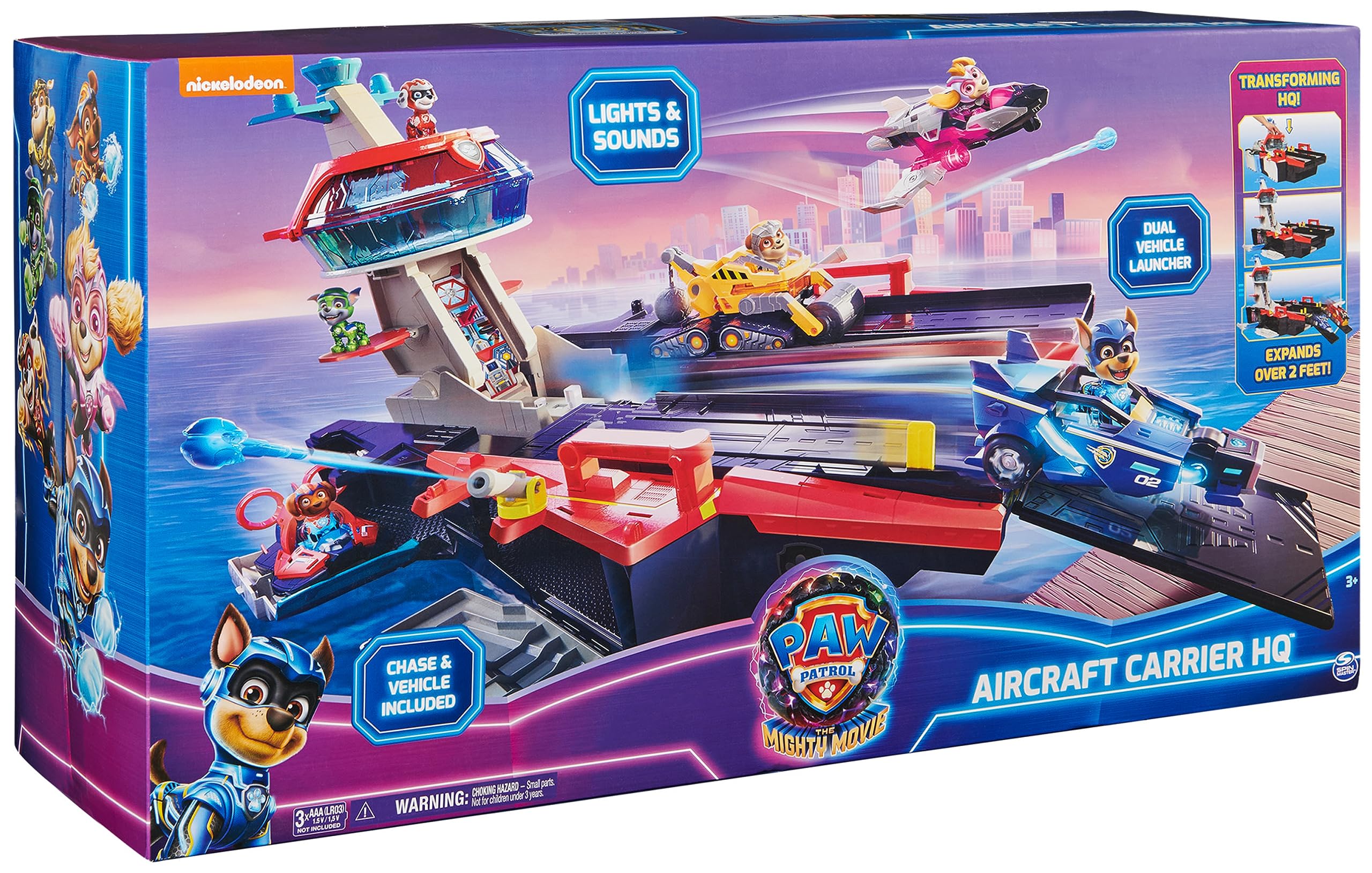 Paw Patrol: The Mighty Movie, Aircraft Carrier HQ, with Chase Action Figure and Mighty Pups Cruiser, Kids Toys for Boys & Girls 3+