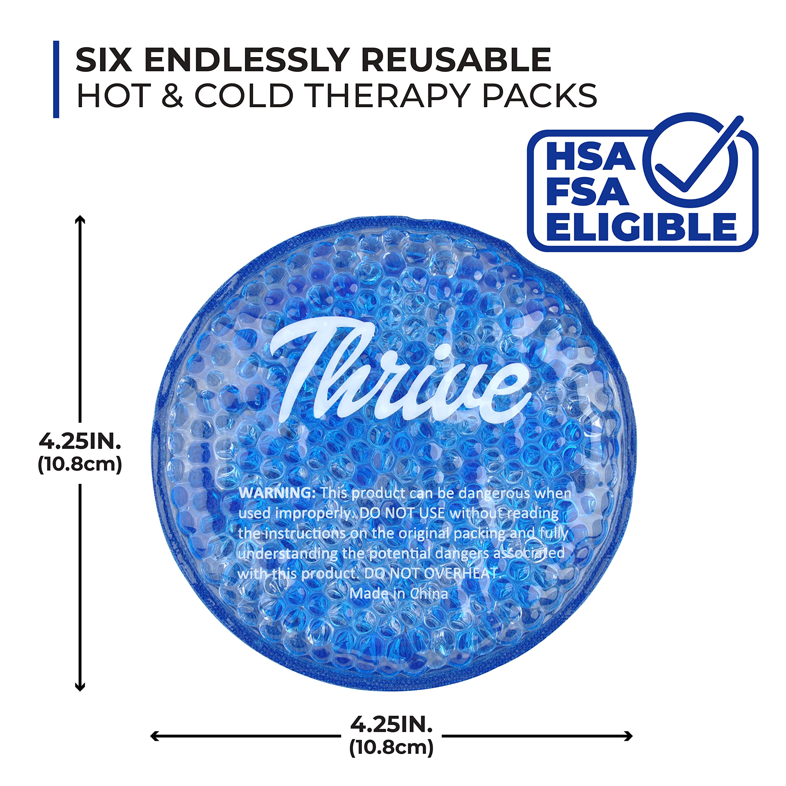 Thrive Round Hot & Cold Ice Packs (6 Pack) – FSA HSA Approved Product - Reusable Gel Bead Ice Pack w/Cloth Fabric Backing – Hot and Cold Pack for Tired Eyes, Sinus Relief