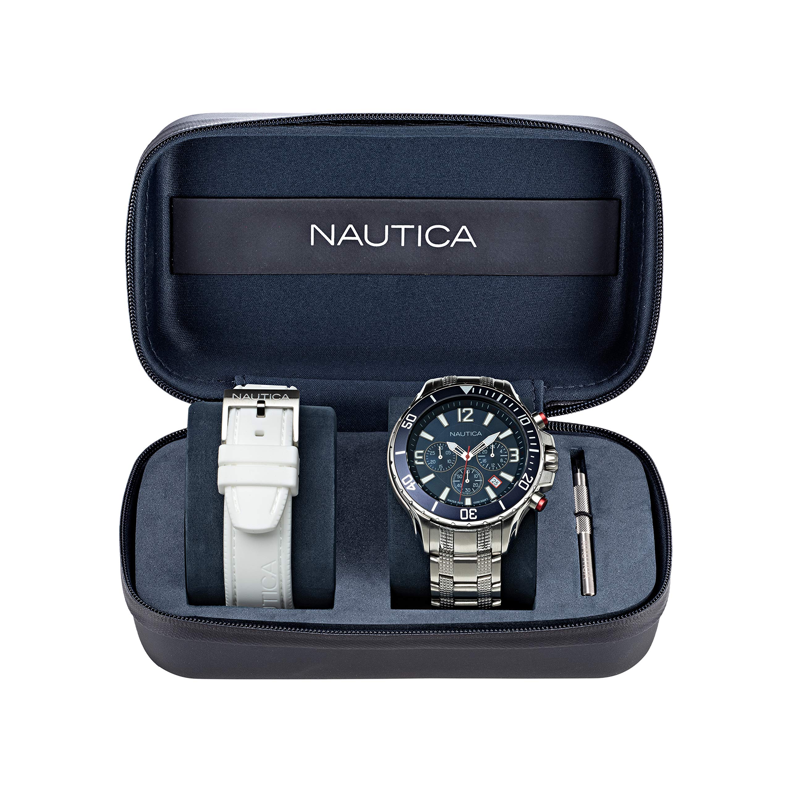Nautica Men's NAPNSS123 NST Box Set Grey/Blue/SST Bracelet and White Silicone Strap Watch