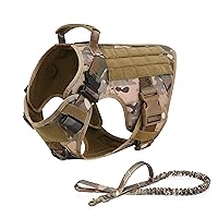 Tactical Dog Harness Vest with Handle Military Working Training Molle Vest with Metal Buckles & Loop Panels Free Bungee Dog Leash (S, Camouflage Harness with Leash)