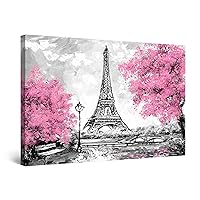 Startonight Canvas Wall Art Abstract Paris City of Love Pink Trees Eiffel Painting, Framed 32