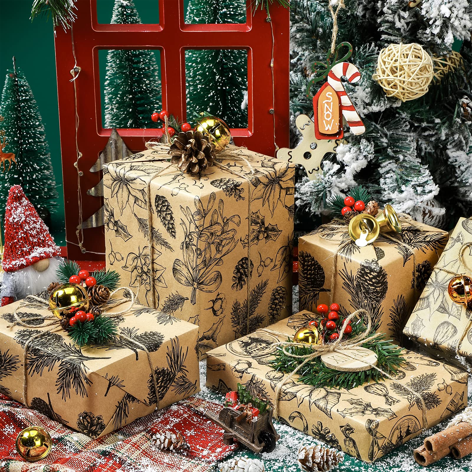 MAYPLUSS Kraft Christmas Wrapping Paper Roll - Mini Roll - 17 inch X 120 inch Per roll - 3 Different Rustic Design (42.3 sq.ft.ttl)