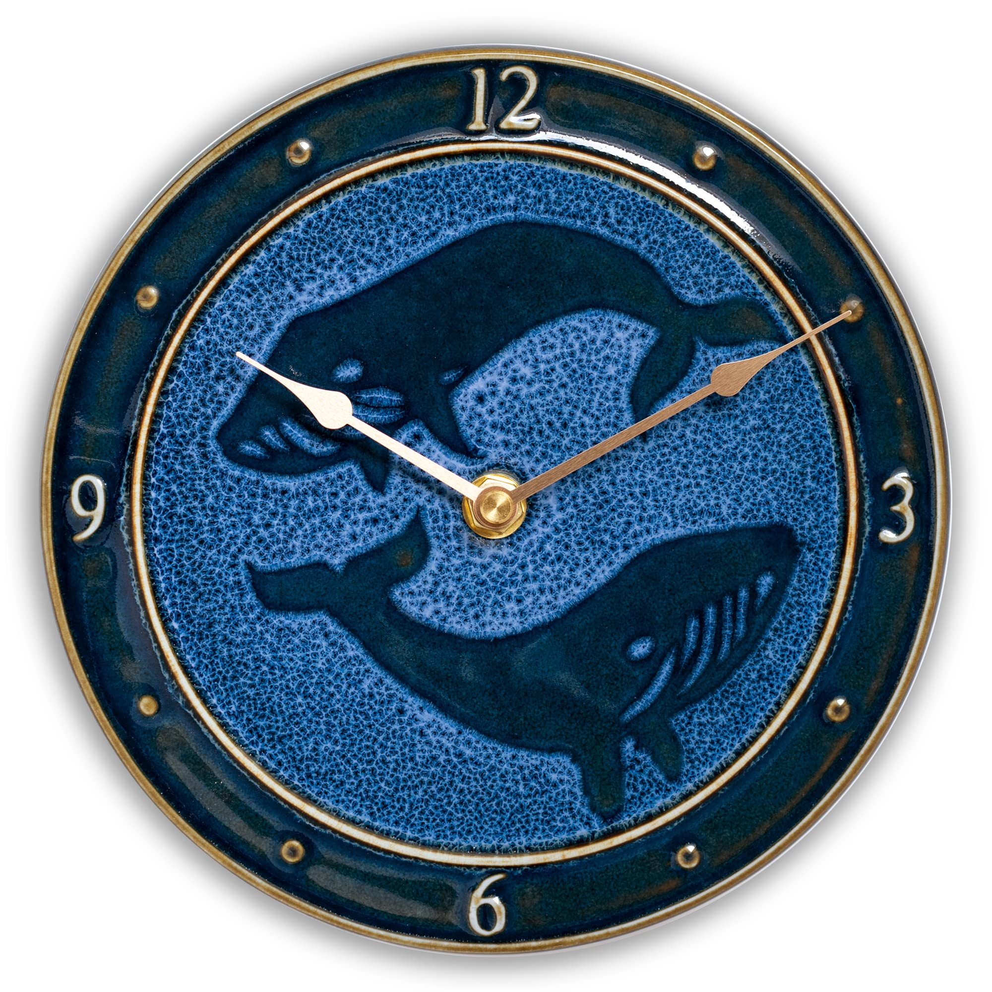 Georgetown Pottery Ceramic Large Wall Clock (8 inch) Handmade, Made in USA (Blue Whale)