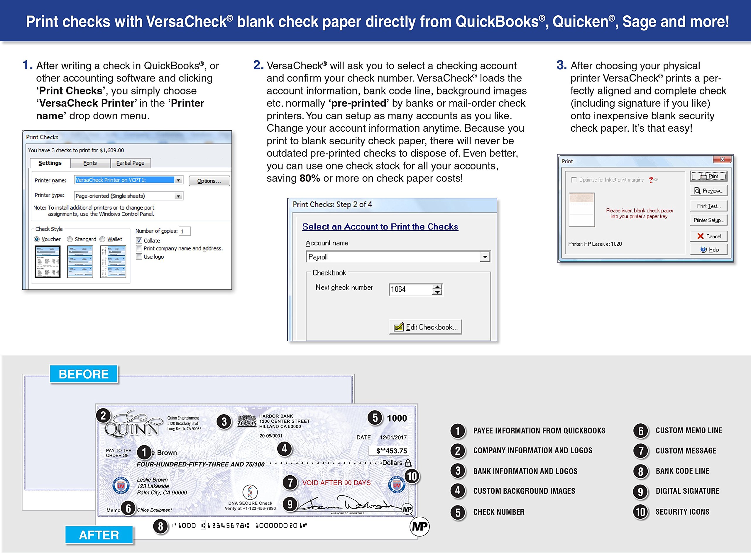 VersaCheck HP DeskJet 3755 MXE MICR Check Printer Presto Check Printing Software Bundle
