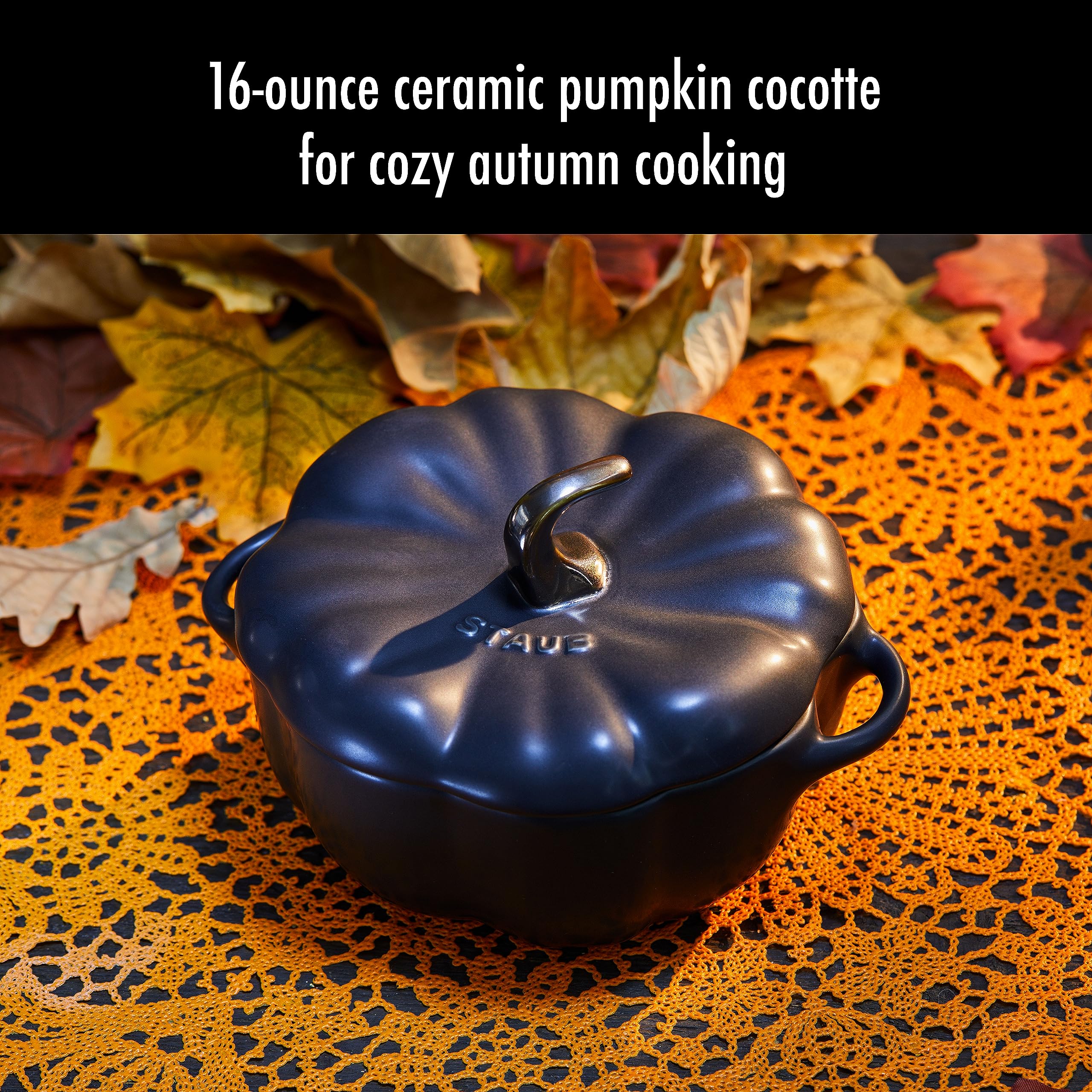 STAUB Ceramic Pumpkin Dish, .5 Qt, 16-oz, Matte Black, Oven Safe