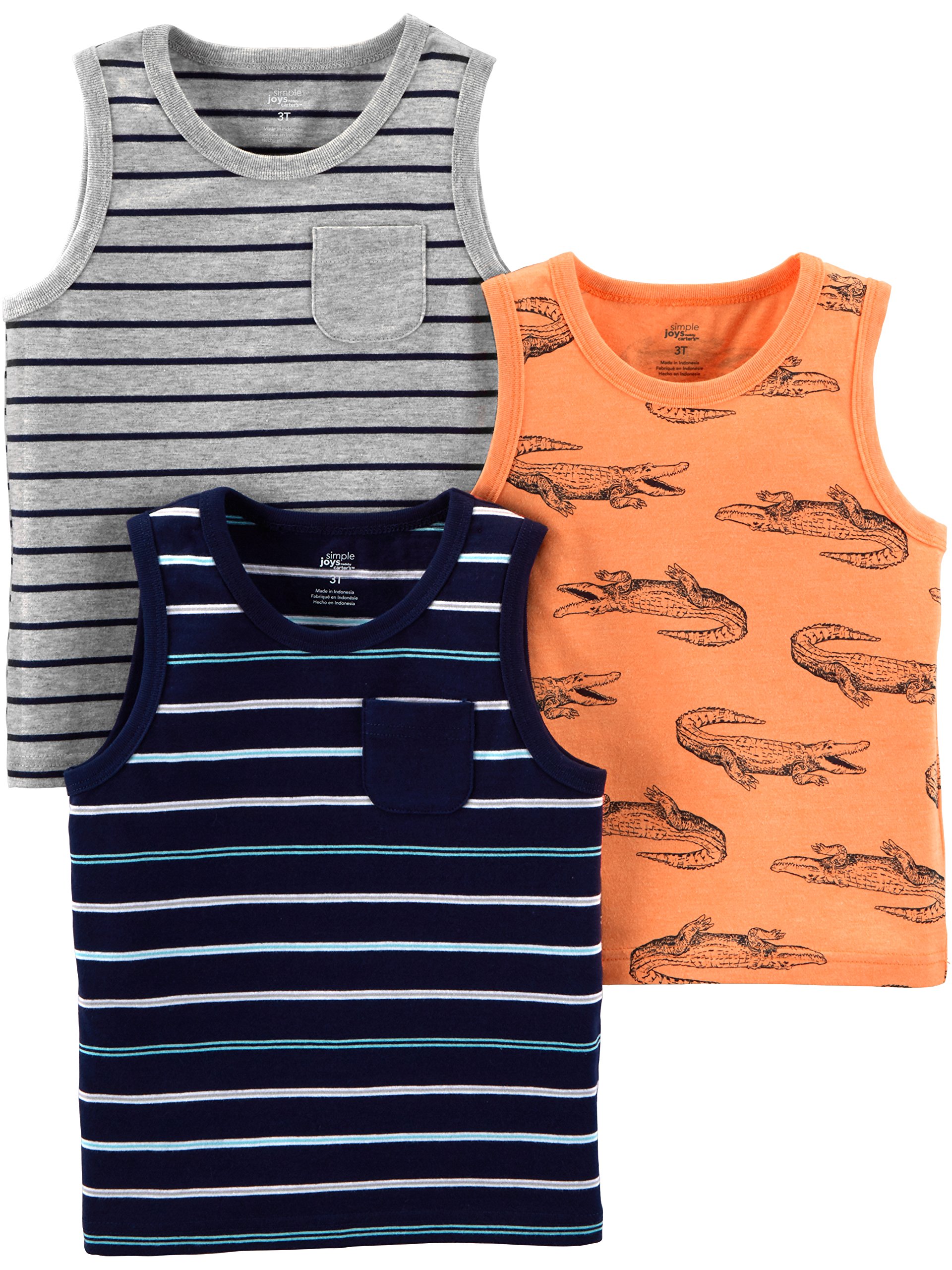 Simple Joys by Carter's Boys' 3-Pack Muscle Tank Tops, Grey Stripe/Light Orange Alligator/Navy Double Stripe, 12 Months