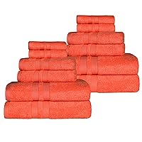Superior Ultra-Soft Cotton Towel Set, 4 Bath Towels, 4 Hand Towels, 4 Face Towels/Washcloths, Quick-Dry, Shower, Spa Basics, Essentials, Solid, Double Line Dobby Border, 12 Piece Set, Tangerine