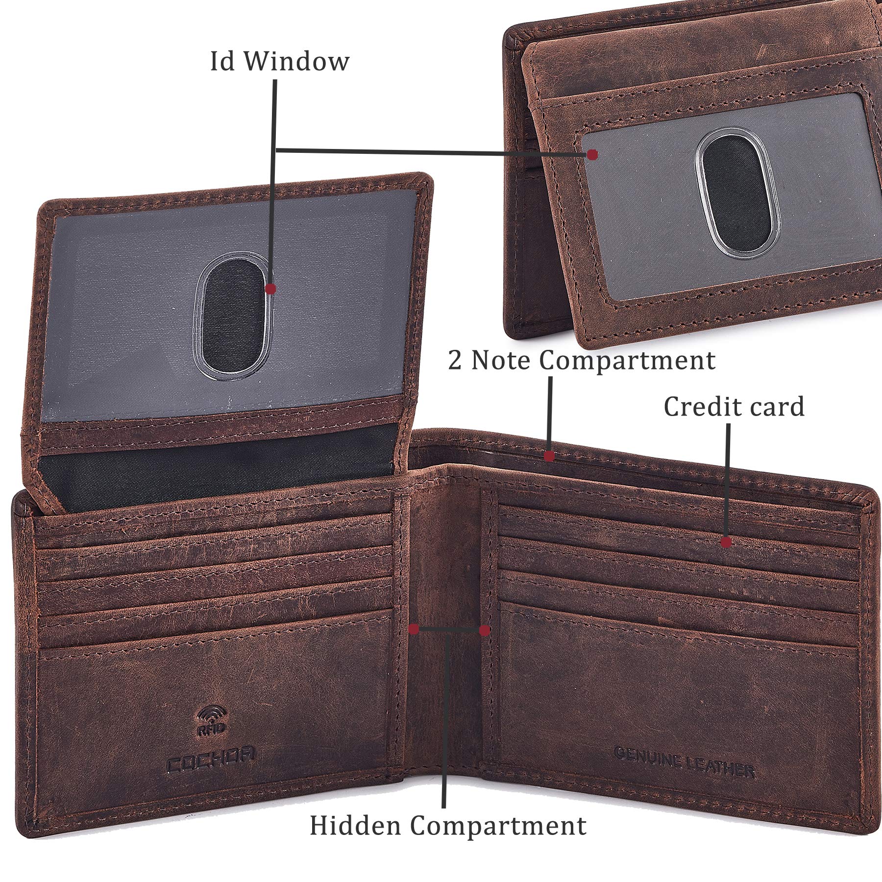 Cochoa Men's Real Leather RFID Blocking Bifold Wallet Stylish Anti Theft Security With 2 ID Window