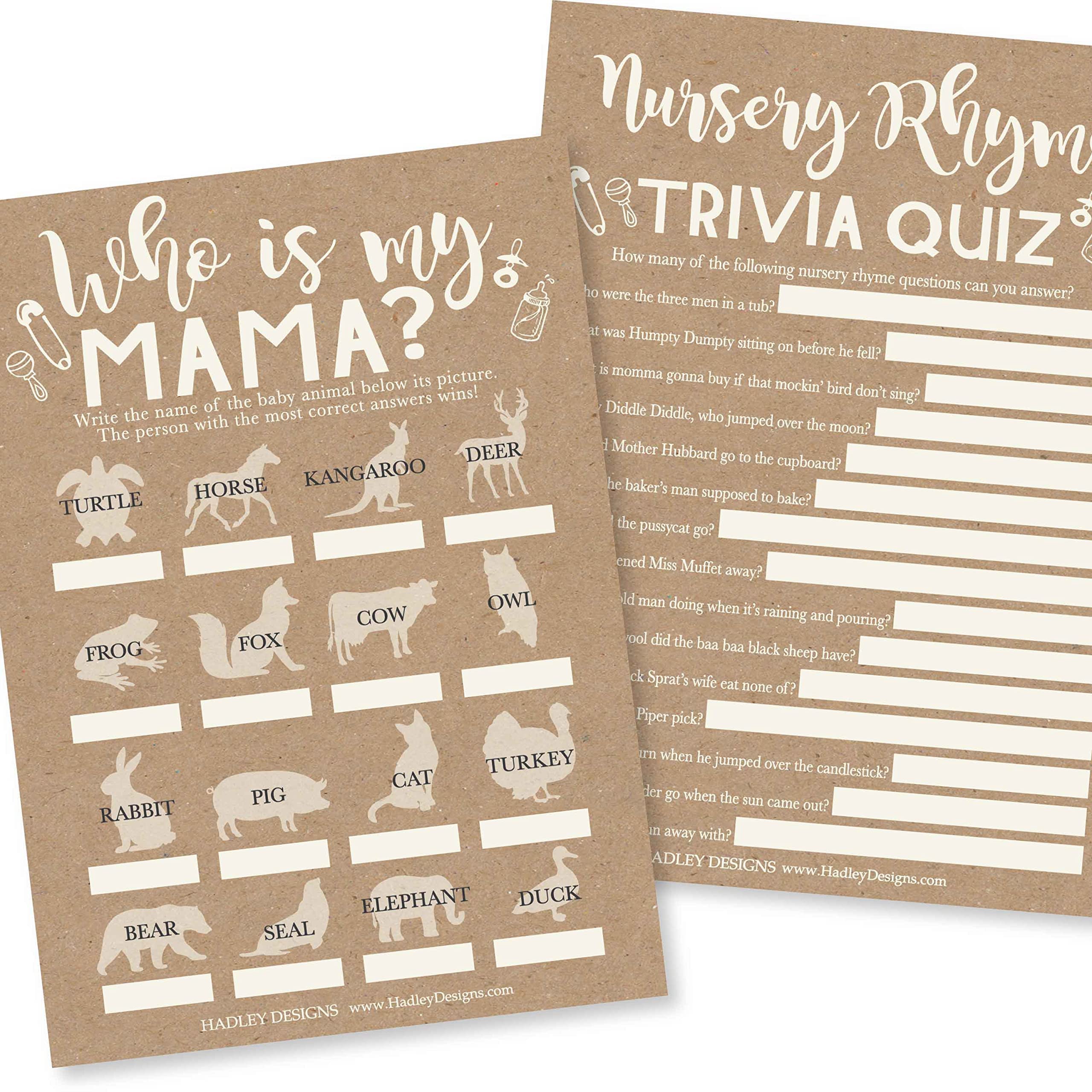 Hadley Designs 25 Rustic Word Scramble for Baby Shower, 25 True Or False Game, 25 Baby Animal Matching, 25 Nursery Rhyme Game - 4 Double Sided Cards Baby Shower Ideas, Baby Shower Party Supplies