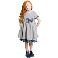 Girls' Navy Bow Striped Party Dress - Cotton Linen Blend A-line Easter Outfit