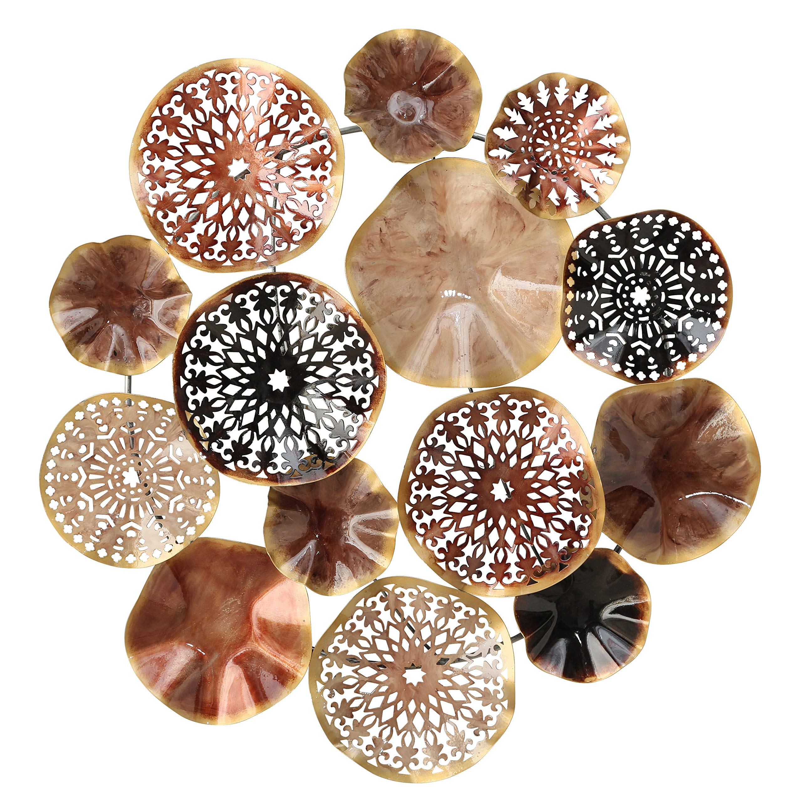Modern Metal Wall Decor, 28.5 x 29 Inches, Round Attached Circles, Copper Gold and Brown, Shapes, Enameled and Painted Iron, Shimmery Abstract, 3-D...
