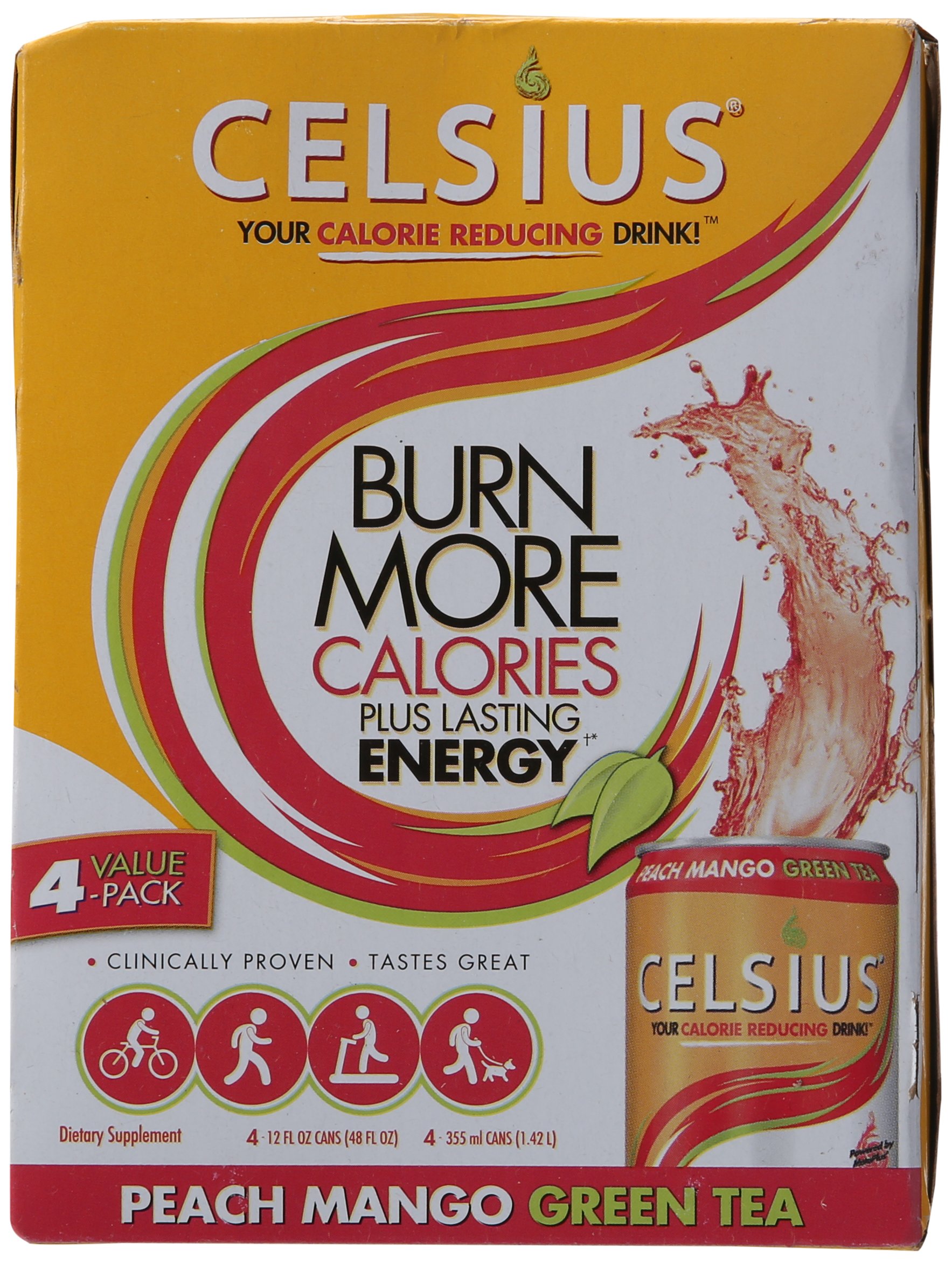 CELSIUS Peach Mango Green Tea, Functional Essential Energy Drink, 12 Fl Oz - 4 Pack