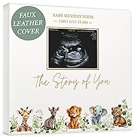 Baby Book Keepsake - Timeless Baby Memory Book for Boy or Girl I First 5 Year I Faux Leather, Gender Neutral, Safari Theme w/Gold Foil Stamp - Baby First Year Book Journal Scrapbook Photo Album Shower