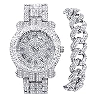 Men's 45mm Iced Out Metal Band 18K Gold Tone and Silver Simulated Lab Diamonds Bling-ed Out Bezel and Adjustable Watch Strap Quartz Movement (Dials and