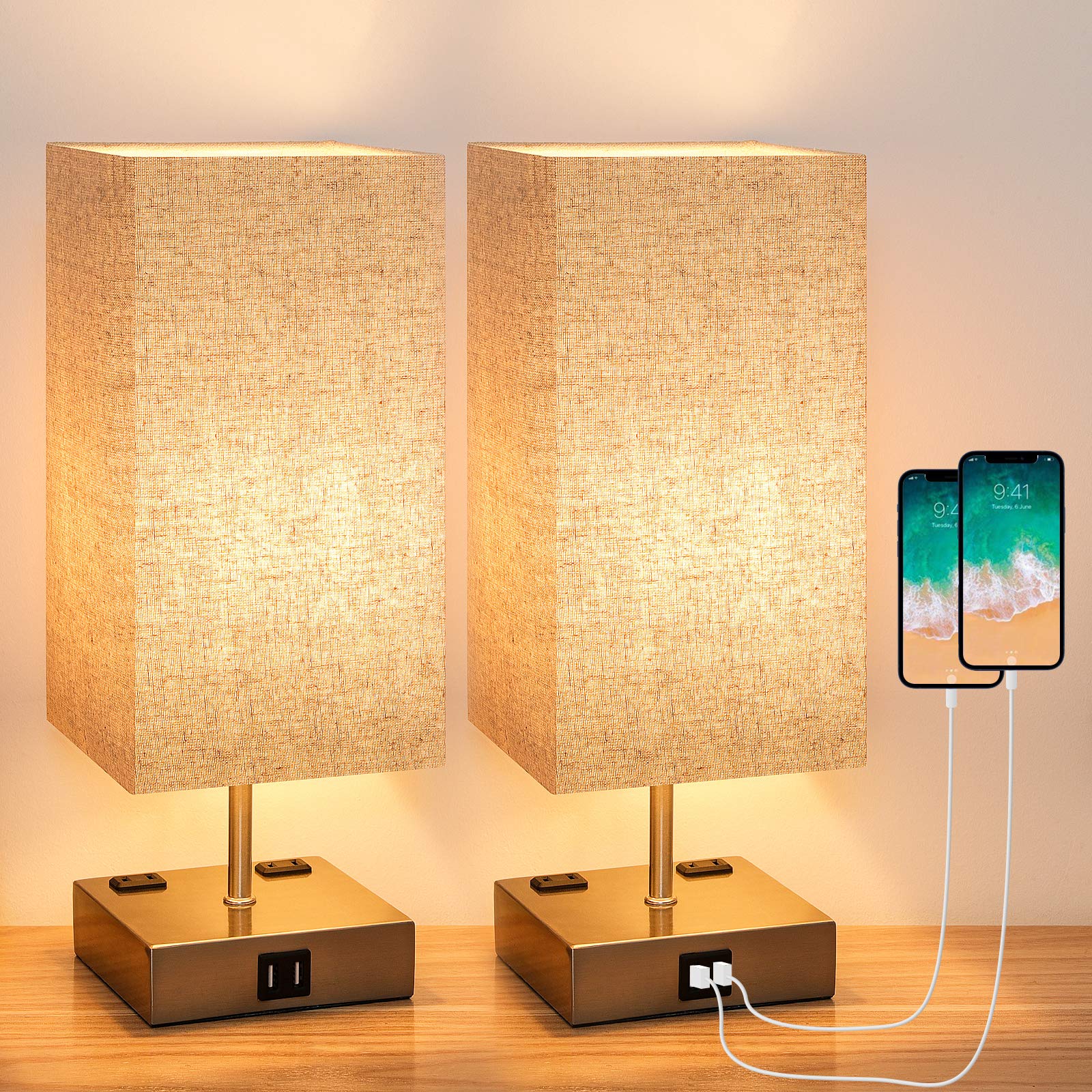 FAGUANGAO Touch Control Table Lamp,3 Way Dimmable Touch Lamps with 2 Fast USB Charging Ports and 2 Ac Outlets,Modern Nightstand Lamp, Ideal for Bed...