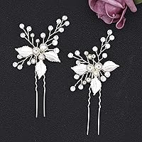 Silver Wedding Headpieces For Bride Handmade Leaves Design Bridal Hair Pins with Rhinestones and Pearls Set Of 2 (Silver)