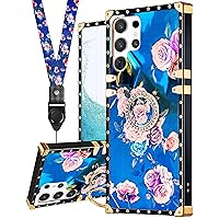 Loheckle for Samsung Galaxy S23 Ultra Case for Women Girly Stylish Peony Luxury Cover Designer Square Cases for Samsung S23 Ultra Case with Ring Stand Holder and Lanyard for Galaxy S23 Ultra 6.8 Inch