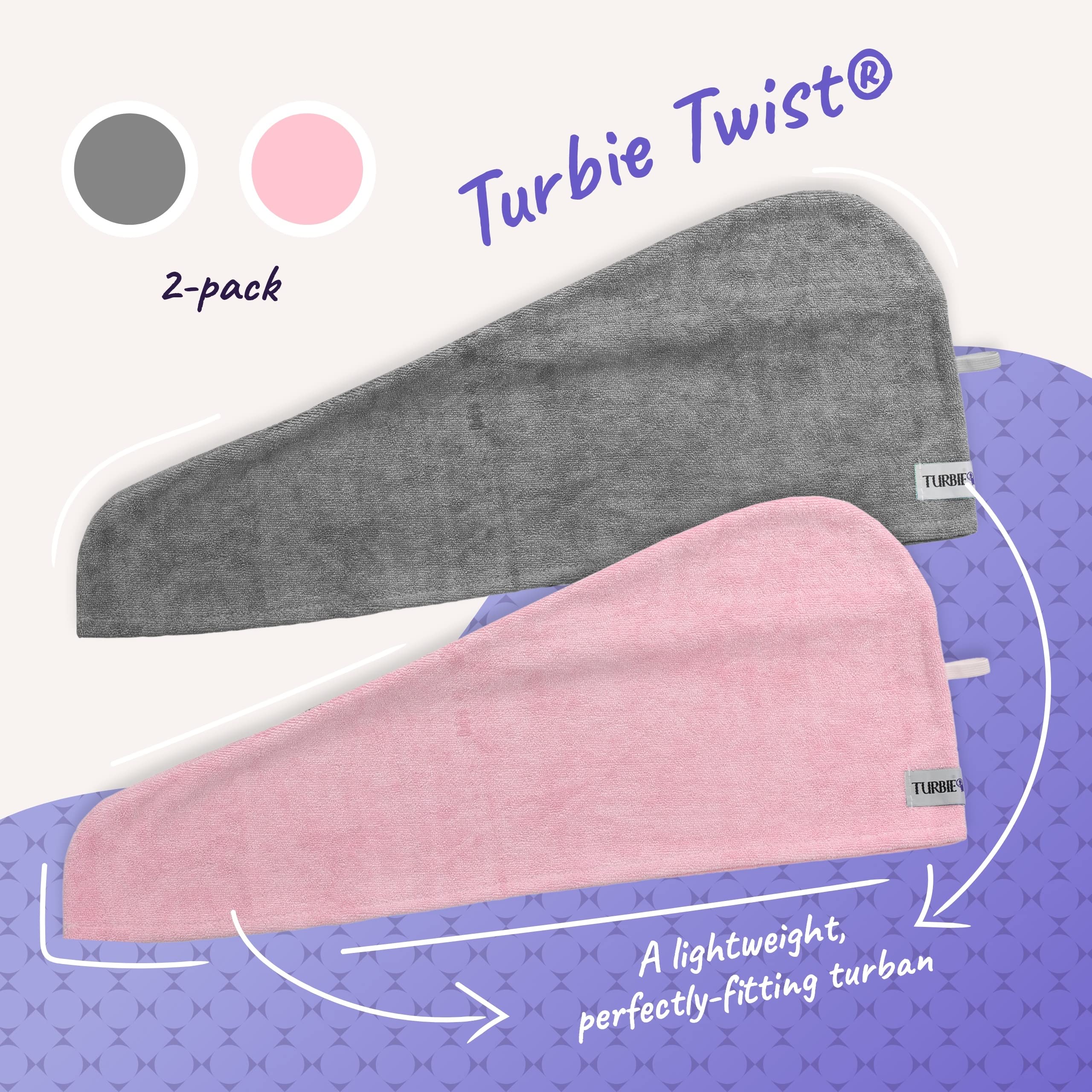 Turbie Twist Microfiber Hair Towel Wrap for Women and Men | 2 Pack | Bathroom Essential Accessories | Quick Dry Hair Turban for Drying Curly, Long & Thick Hair (Grey, Light Pink)