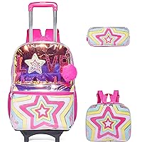 Star Rolling Backpack for Girls with Lunch Box Kids Backpack with Wheels for School Sequin Trolley Trip Rolling Backpack for Kindergarten Girls