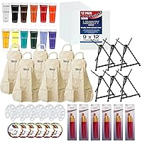 U.S. Art Supply Sip and Paint Art Party Painting Kit - 6 Easels, 12 Paint Tube Set, 12 Canvas Panels, 6 Brush Sets & 6 Aprons