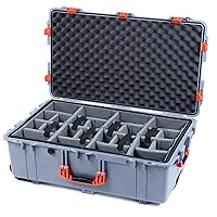 Pelican 1650 Case Silver - Large Sized Waterproof Rolling Case with Gray Padded Dividers & Convoluted Lid Foam - Orange Handles & Latches