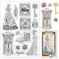 GLOBLELAND Vintage Lady and Clock Silicone Clear Stamps Rose Transparent Stamps for Birthday Valentine's Day Cards Making DIY Scrapbooking Photo Album Decoration Paper Craft