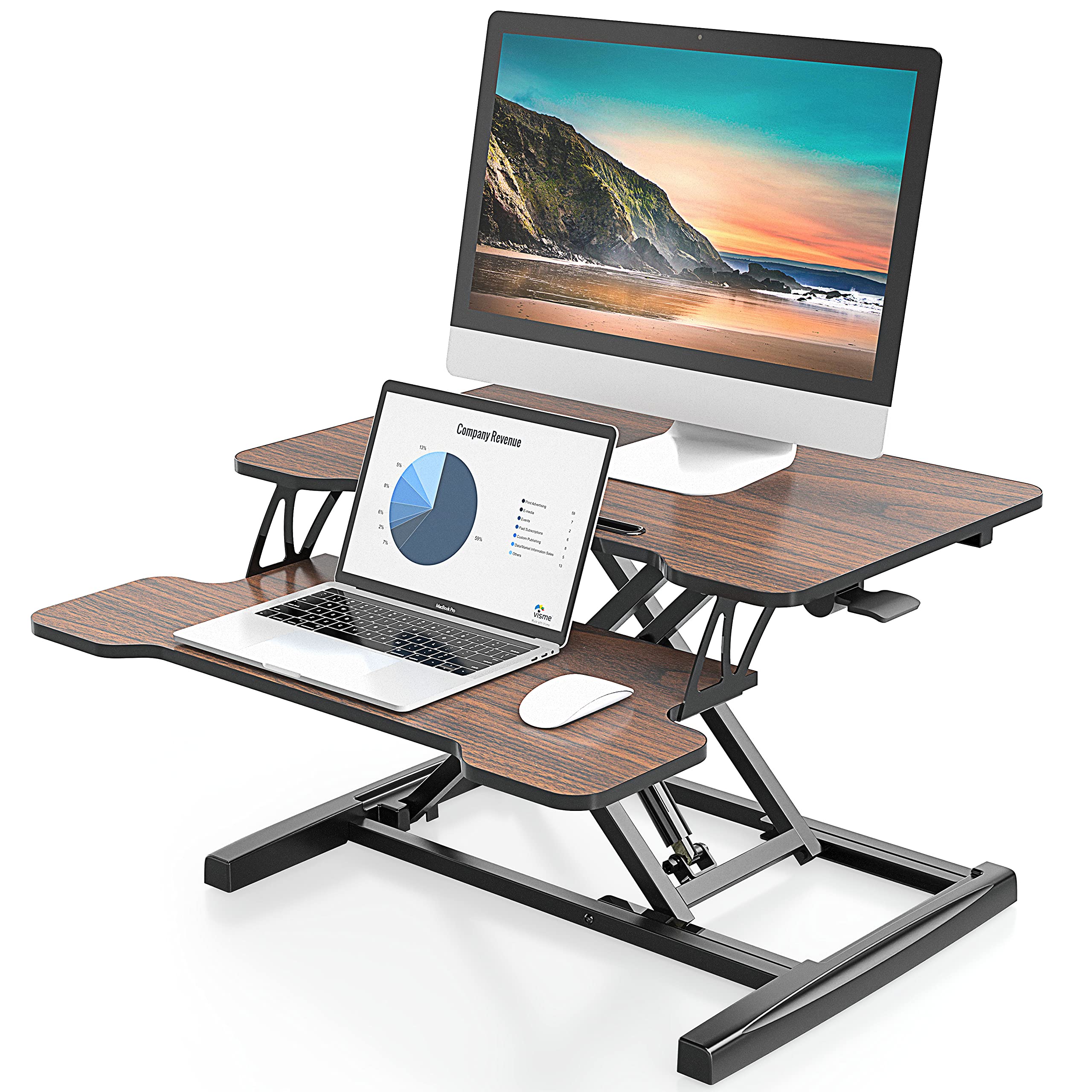 FITUEYES Stand Up Desk Standing Desk Converter Riser Adjustable Office Desk for Laptop with Deep Removable Keyboard Tray Dark Brown SD260002WE