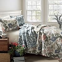 Lush Decor Sydney Reversible Cotton Quilt Set - Charming & Colorful Floral Leaf Design - 3 Piece Quilted Botanical Bedding Set With Shams - King/ California King, Green & Blue