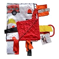 Baby Sensory, Security & Teething Closed Ribbon Tag Lovey Blanket with Minky Dot Fabric: 14”X18” (Firefighter)