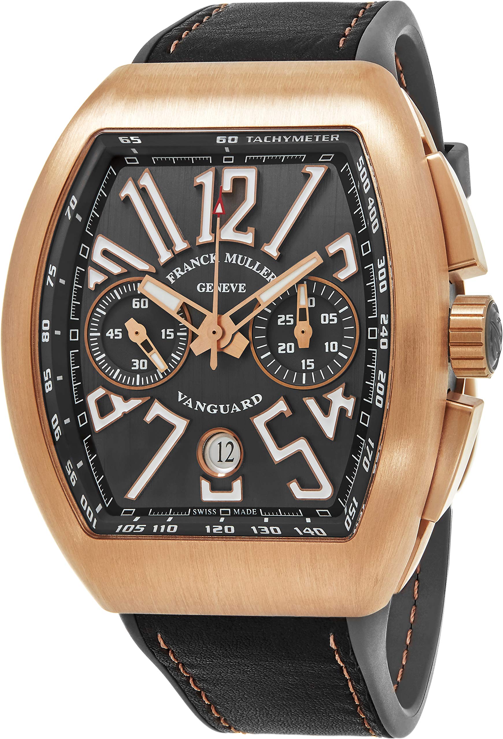 Franck Muller Vanguard Mens Rose Gold Automatic Chronograph Watch - Tonneau Black Face with Luminous Hands, Date and Sapphire Crystal - Swiss Made with Tachymeter Scale V 45 CC DT 5N BR NR