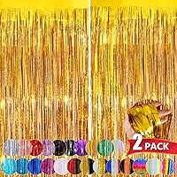 Gold Metallic Tinsel Foil Fringe Curtains, 2 Pack 3.3x8.3 Feet Streamer Backdrop Curtains for Birthday Party Decorations, Halloween Decor, Foil Curtain Backdrop for Bachelorette Party