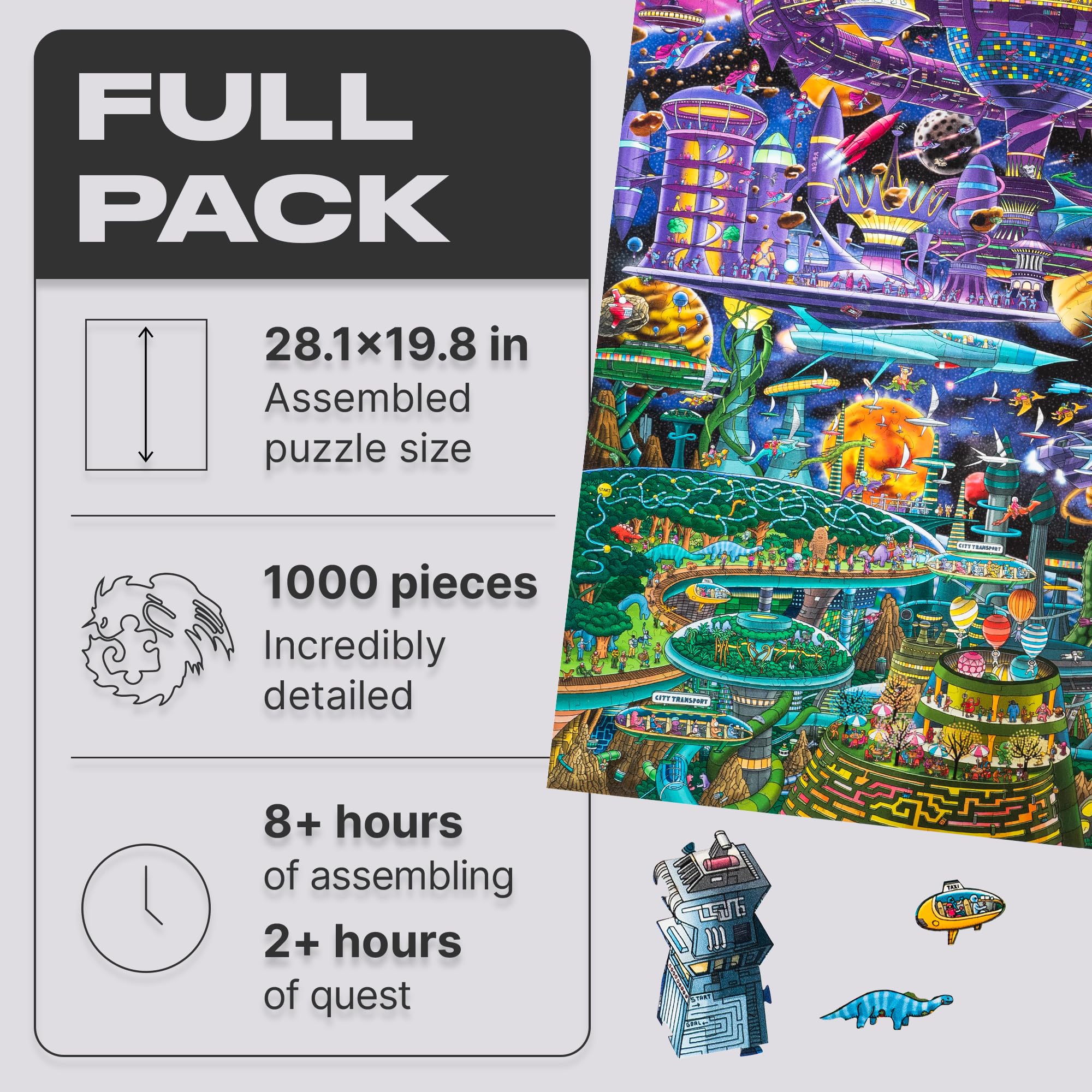 UNIDRAGON Original + IC4 Design Wooden Puzzle Jigsaw, Puzzle Board Game, Quezzle Space Adventures, Full Pack, 1000 Pieces, 28.1 by 19.8 inches