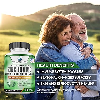 Zinc 100mg, Vitamin C 1000mg, Vitamin D 5000IU per Serving, Immune Support for Adults, Immune System Booster Supplements, Non GMO, No Filler, No Stearate, 120 Vegan Capsules, 60 Day Supply