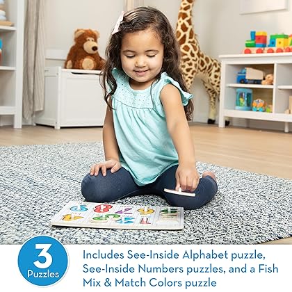 Melissa & Doug Classic Wooden Peg Puzzles (Set of 3) - Numbers, Alphabet, and Colors - Toddler Learning Toys, Alphabet And Numbers Puzzles For Kids Ages 3+