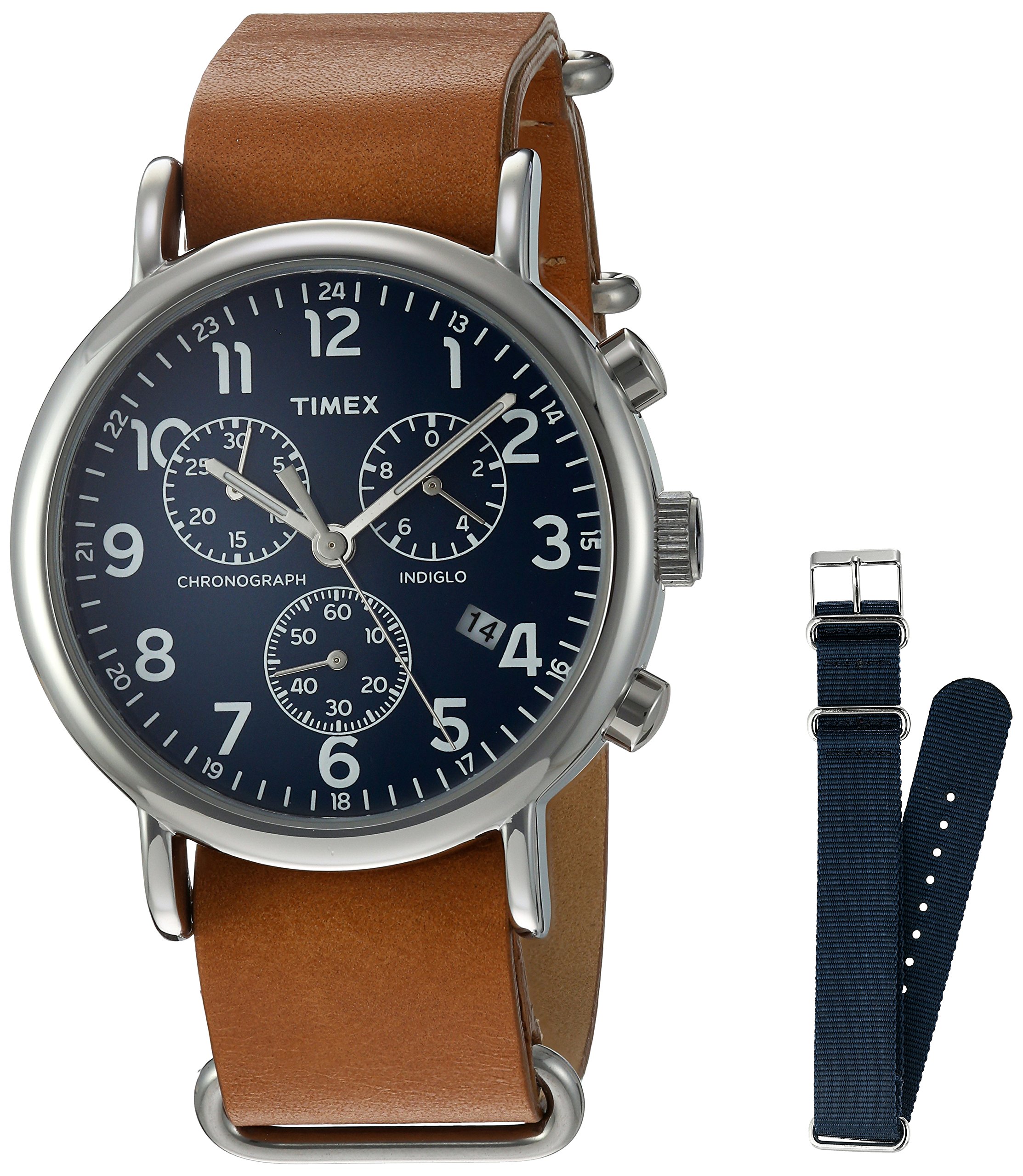 Timex TWG012800QM Unisex Weekender Chrono Tan Leather Strap Watch Gift Set + Navy Nylon Strap