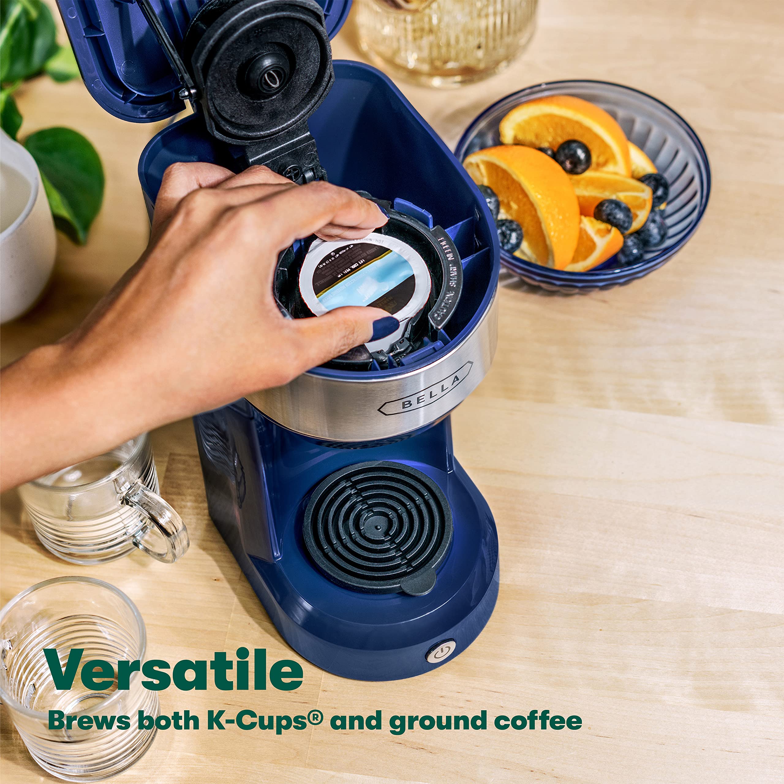 BELLA Dual Brew Single Serve Coffee Maker, K-cup Compatible with Ground Coffee Basket & Adapter - Carefree Auto Shut Off & Adjustable Tray, 14oz, Navy