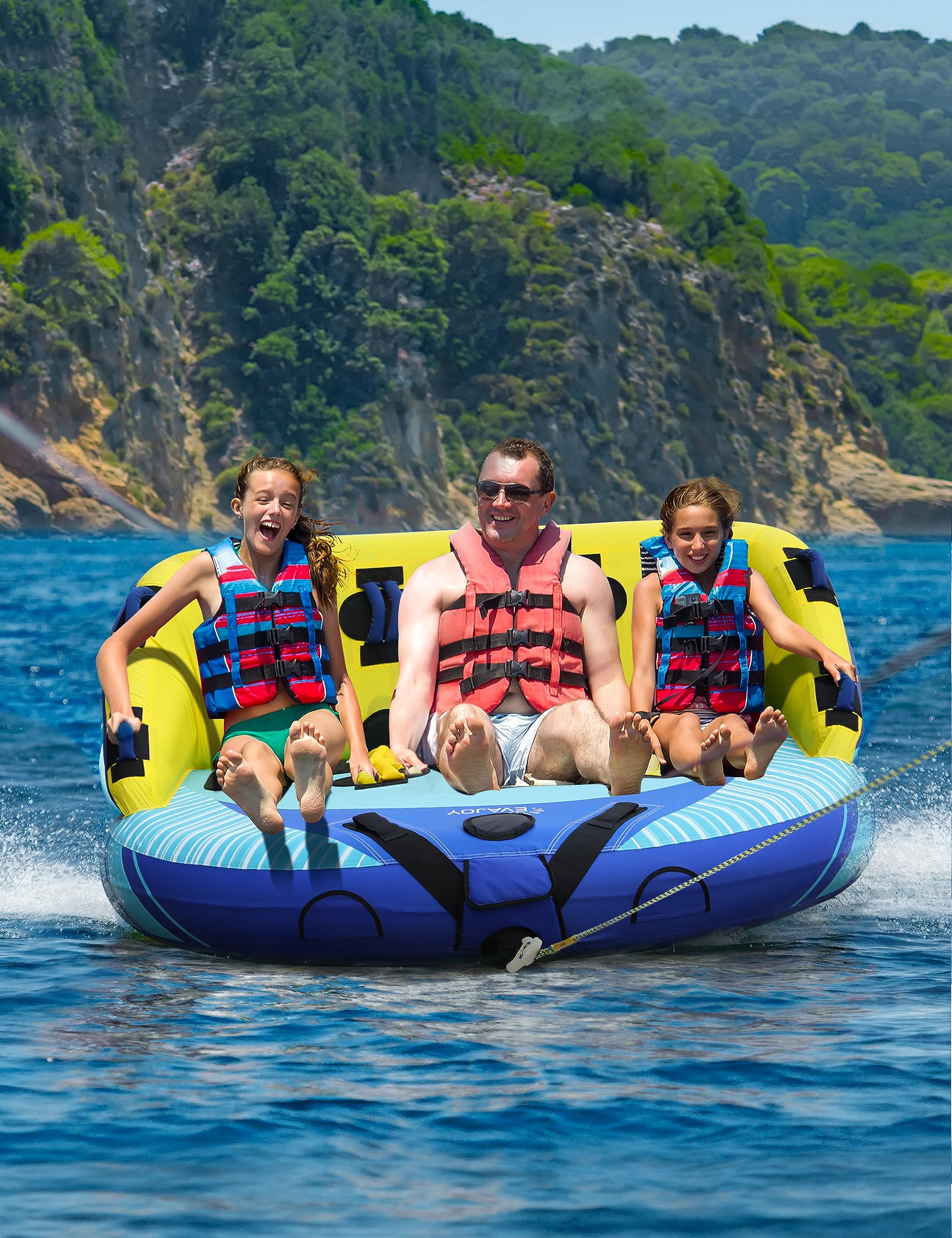 EVAJOY 3 Person Towable Tube for Boating, Inflatable Towable Tubes for Boats 1-3 Rider, Water Sports Tube with Dual Front and Back Tow Points, Inflatable Boat with Nylon Tow Rope and Air Pump