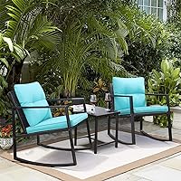 Greesum 3 Pieces Rocking Wicker Bistro Set, Patio Outdoor Furniture Conversation Sets with Porch Chairs and Glass Coffee Table, Blue