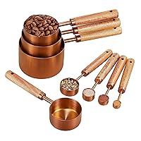 Copper Stainless Steel Measuring Cups and Spoons Set of 8, Wooden Handle with US Measurements, Metric Cups and Spoons for cooking and baking