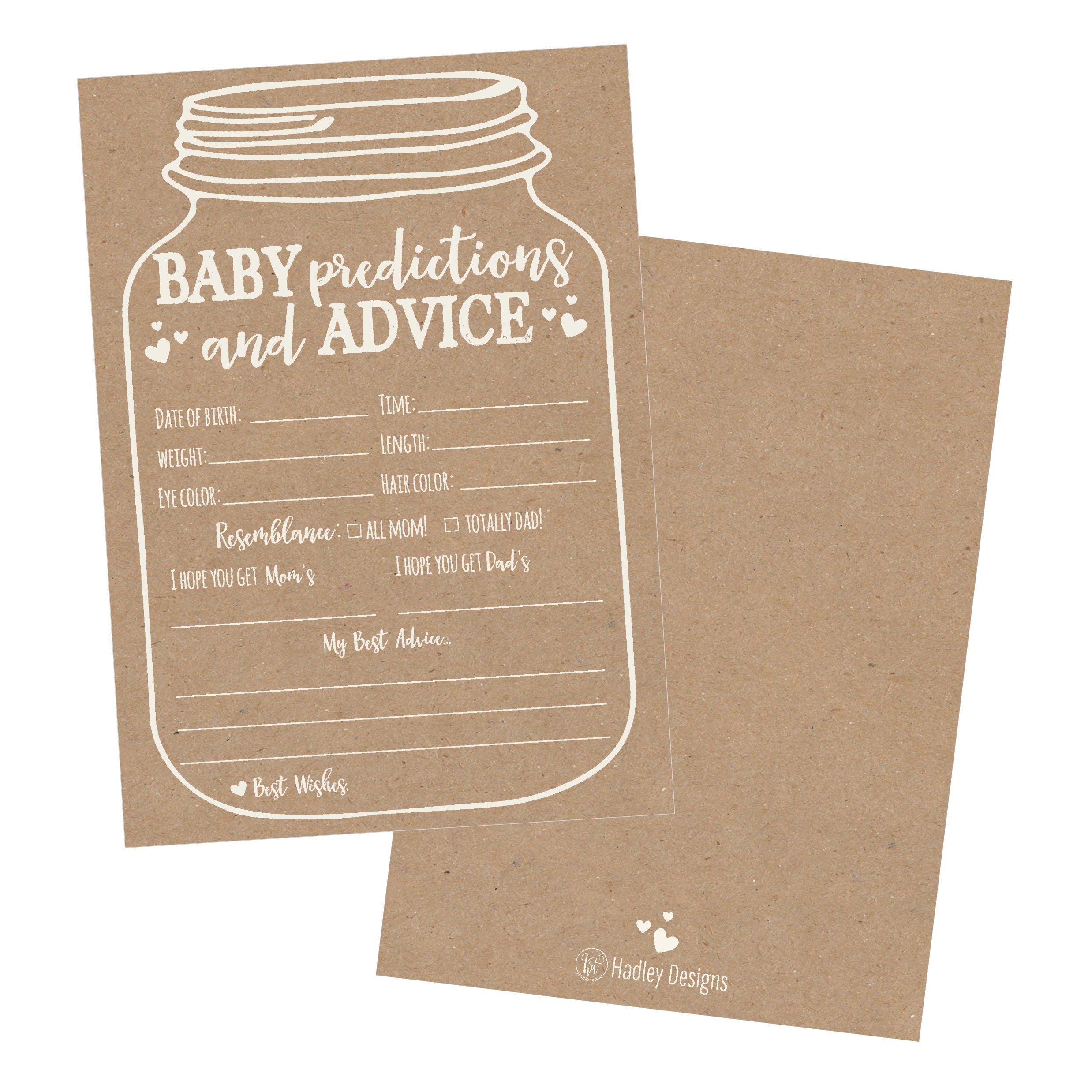 Hadley Designs 50 Mason Jar Advice and Prediction Cards Baby Shower Game, New Mom & Dad Card or Mommy & Daddy To Be, For Girl & Boy Babies, Fun Gender Neutral Shower Party Favors