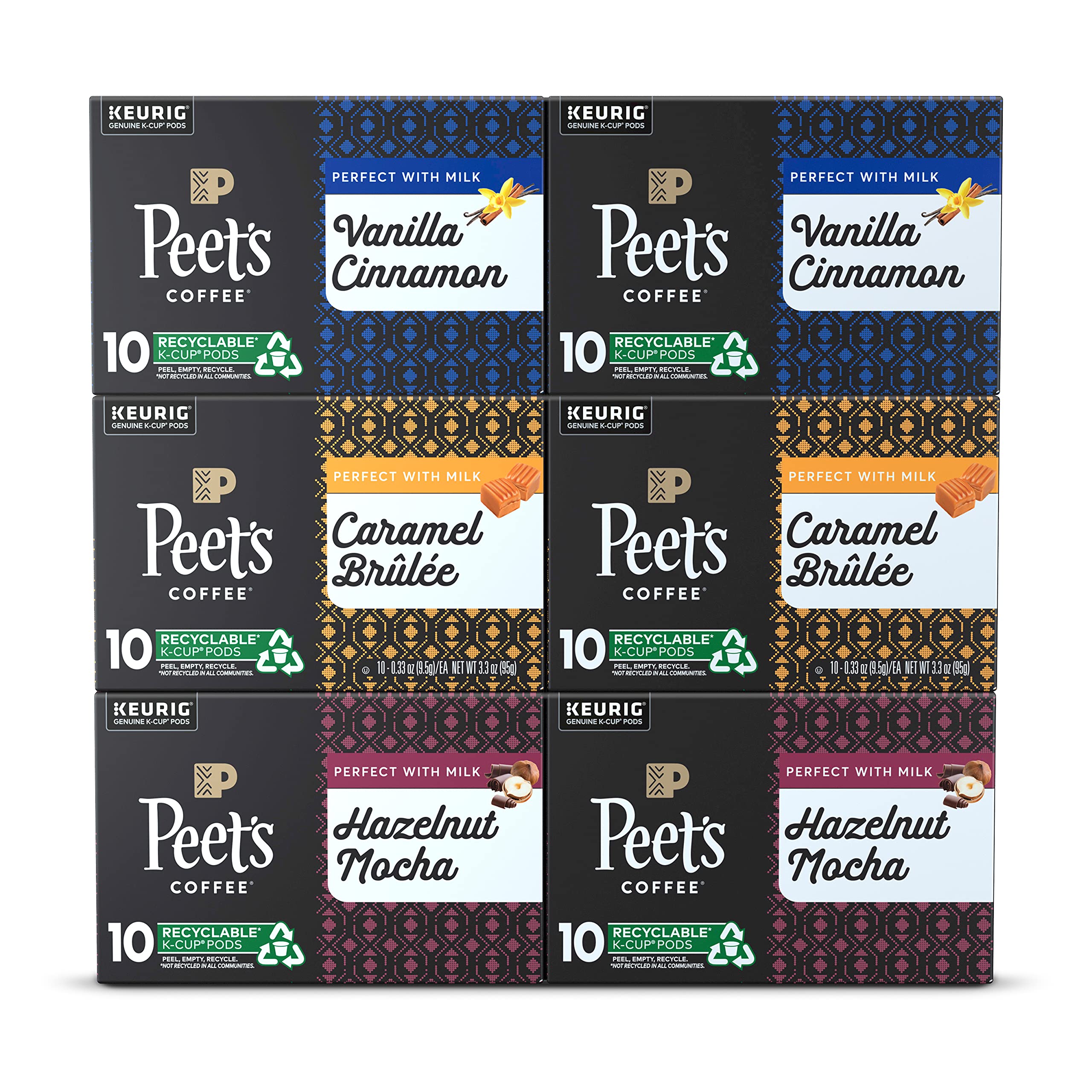 Peet's Coffee, Flavored Coffee K-Cup Pods for Keurig Brewers - Variety Pack, Vanilla Cinnamon, Hazelnut Mocha, Caramel Brûlée, 60 Count (6 Boxe...