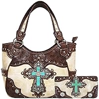 Western Style Rhinestone Cross Conchos Studded Women Purse Tooled Leather Handbag Country Shoulder Bag Trifold Wallet Set