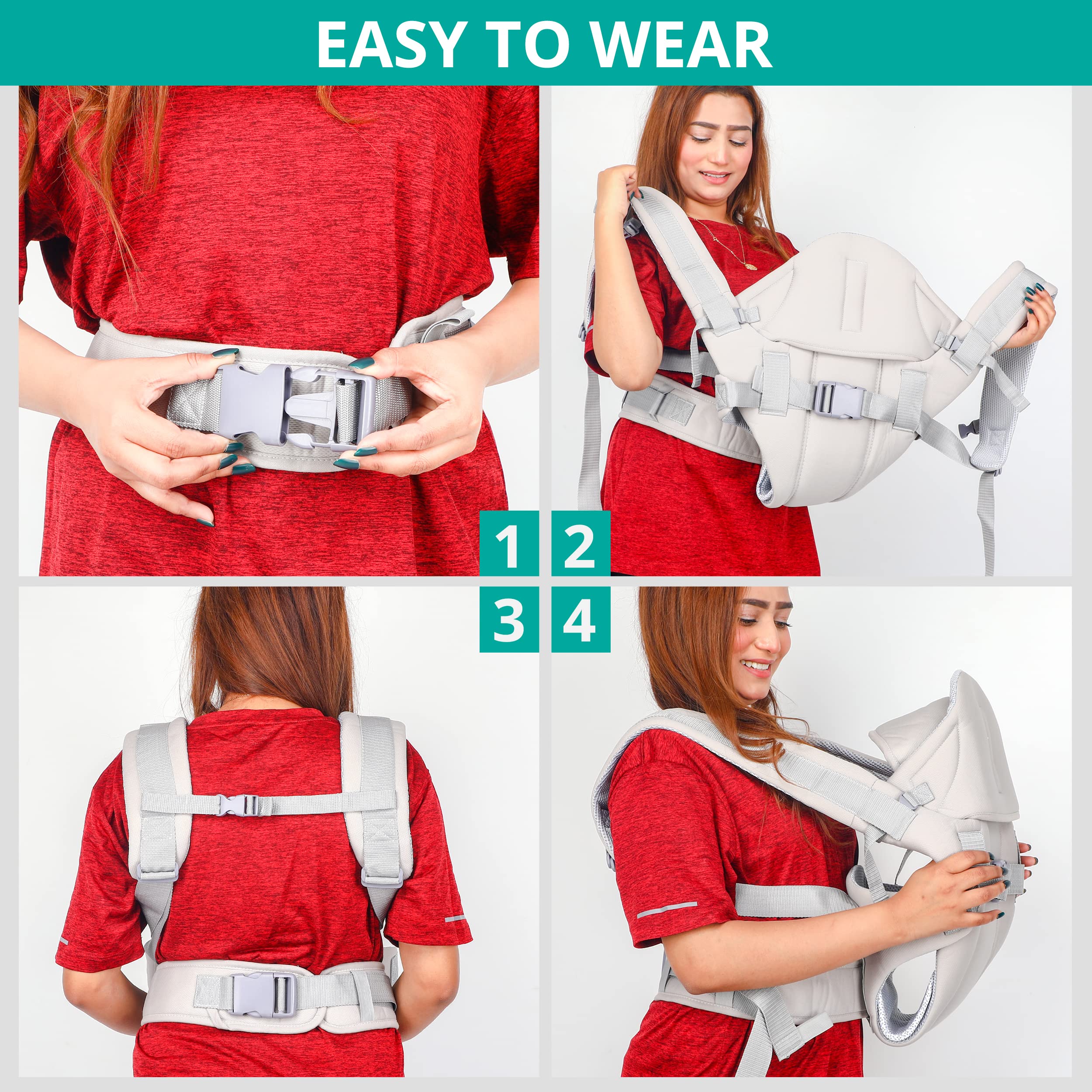 Reyobaby Baby Carrier Newborn to Toddler - Ergonomic & Adjustable Infant Carrier for Baby Wrap with Padded Head and Lumbar Support, Shoulder Straps & Cool Air Mesh Baby Holder (7-40 Lb), Grey