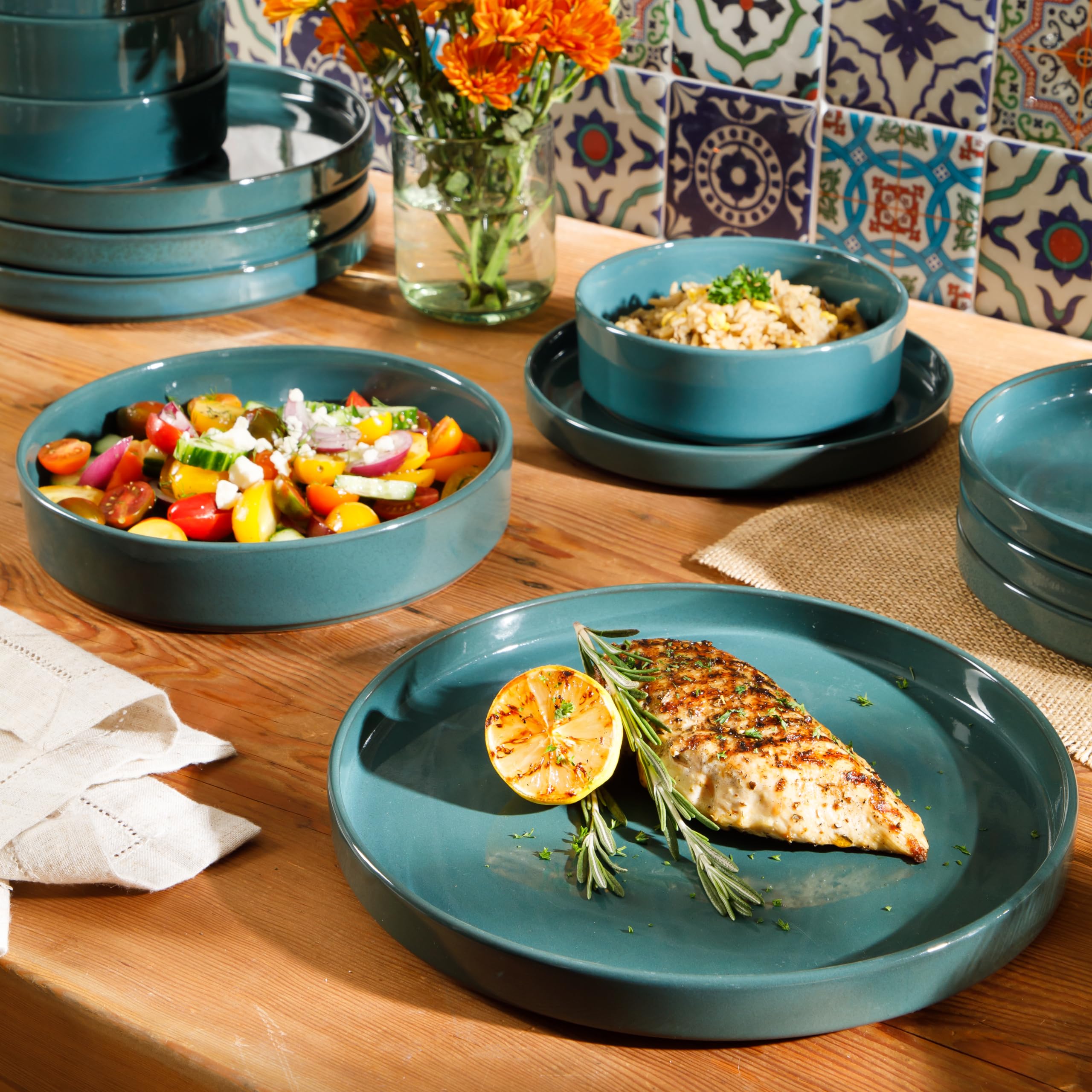 Bloomhouse - Oprah's Favorite Things - Santorini Mist Double Bowl Terracotta Reactive Glaze Plates and Bowls Dinnerware Set - Jade Blue Green, Service for Four (16pcs)