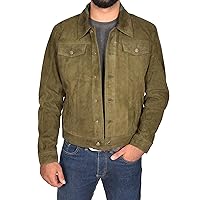 Mens Real Soft Goat Suede GREEN Jacket Trucker Western Denim Slim Fit Coat Chuck