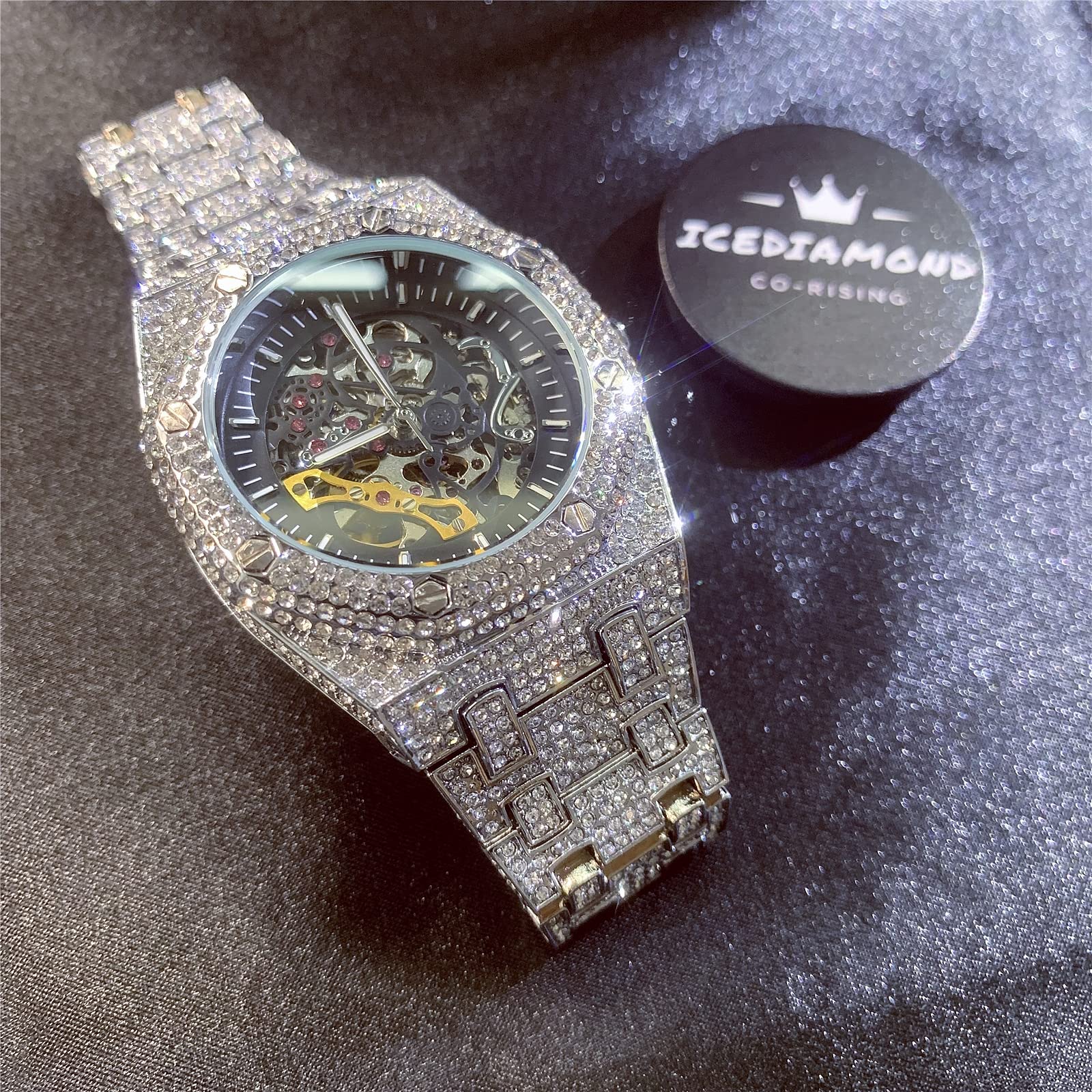 ICEDIAMOND 43MM Herren Full CZ Diamant Durchbrochene Handaufzug Automatik-Armbanduhr, Hip Hop vereiste Bling Zirkon Skelett Zifferblatt Luxusuhr